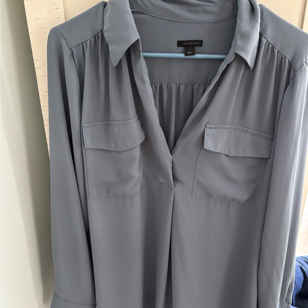 Ann Taylor Gray Buttoned Blouse with Notched Collar